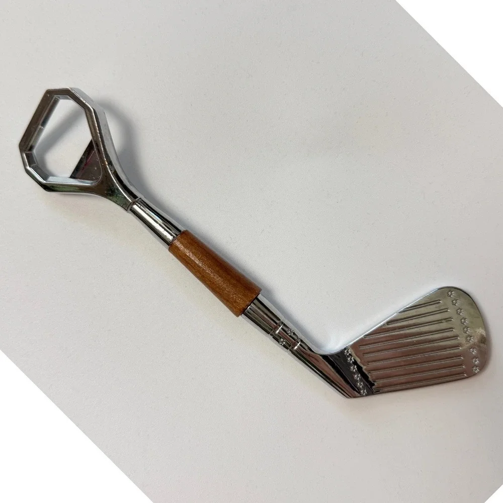 Vintage Golf Club Bottle Opener Chrome Metal Wood Grip Barware Sports Gift